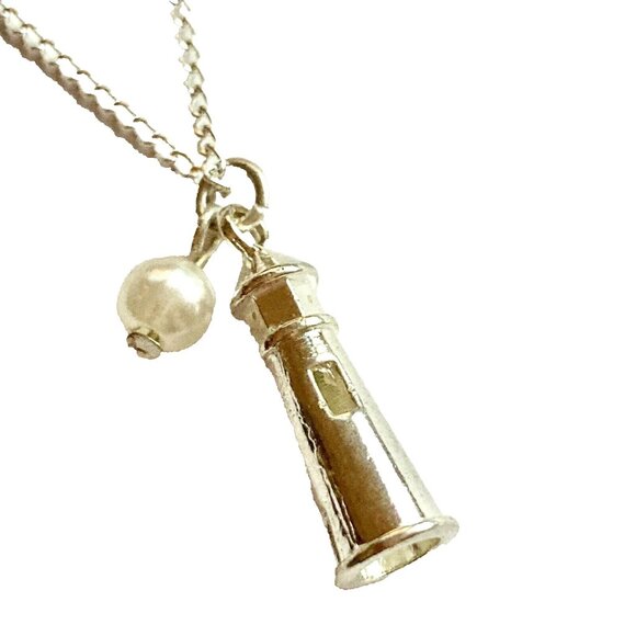 Nautical Pearl Lighthouse Charm Necklace Silver Plated Pendant 22" Chain - Picture 1 of 8